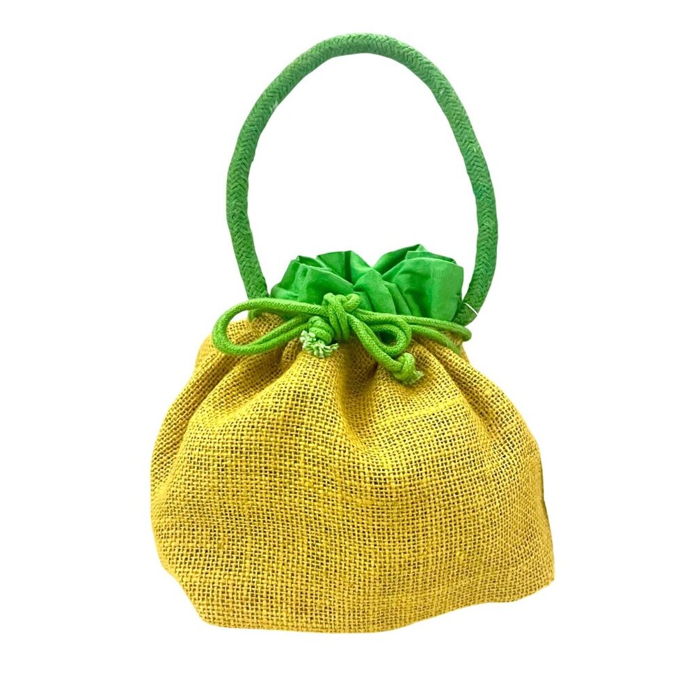 Buckhead Betties Burlap Jute Mini Tote Drawstring Purse Yellow Green Preppy New